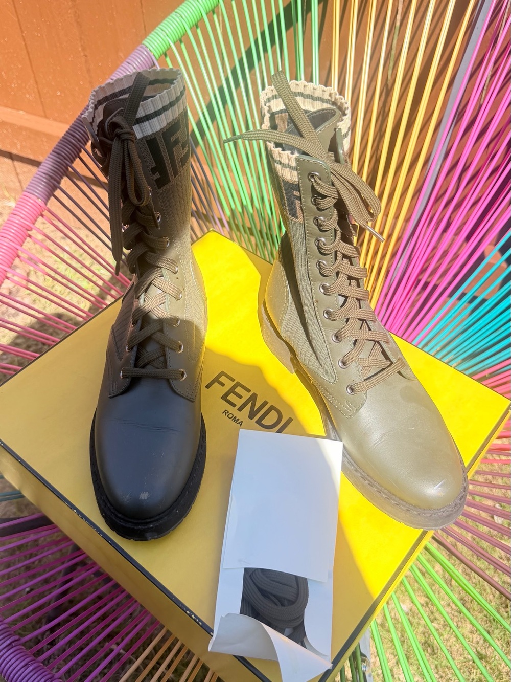 Authentic Fendi Two-Tone Olive and Black Lace-Up Combat Boots